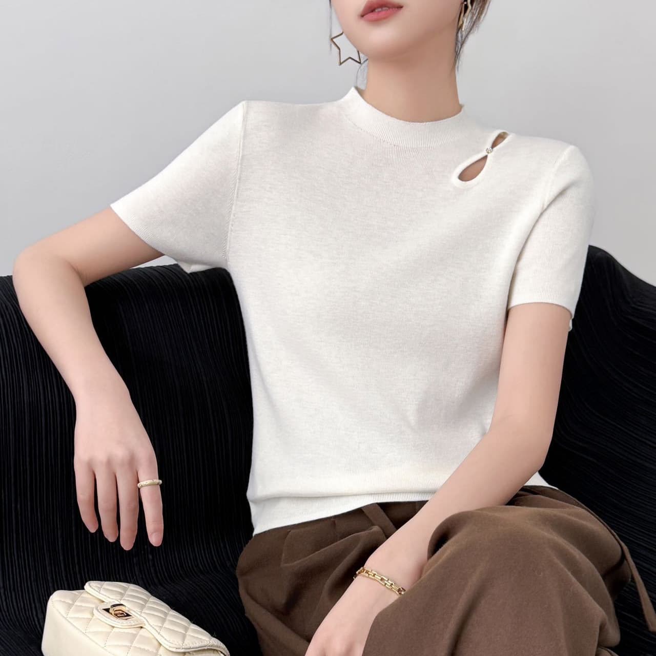 Solid Color Hollow Half High Neck Short Sleeve T-Shirt Women 2026 New Spring Summer Fine Worsted Wool Mid Neck Base Top