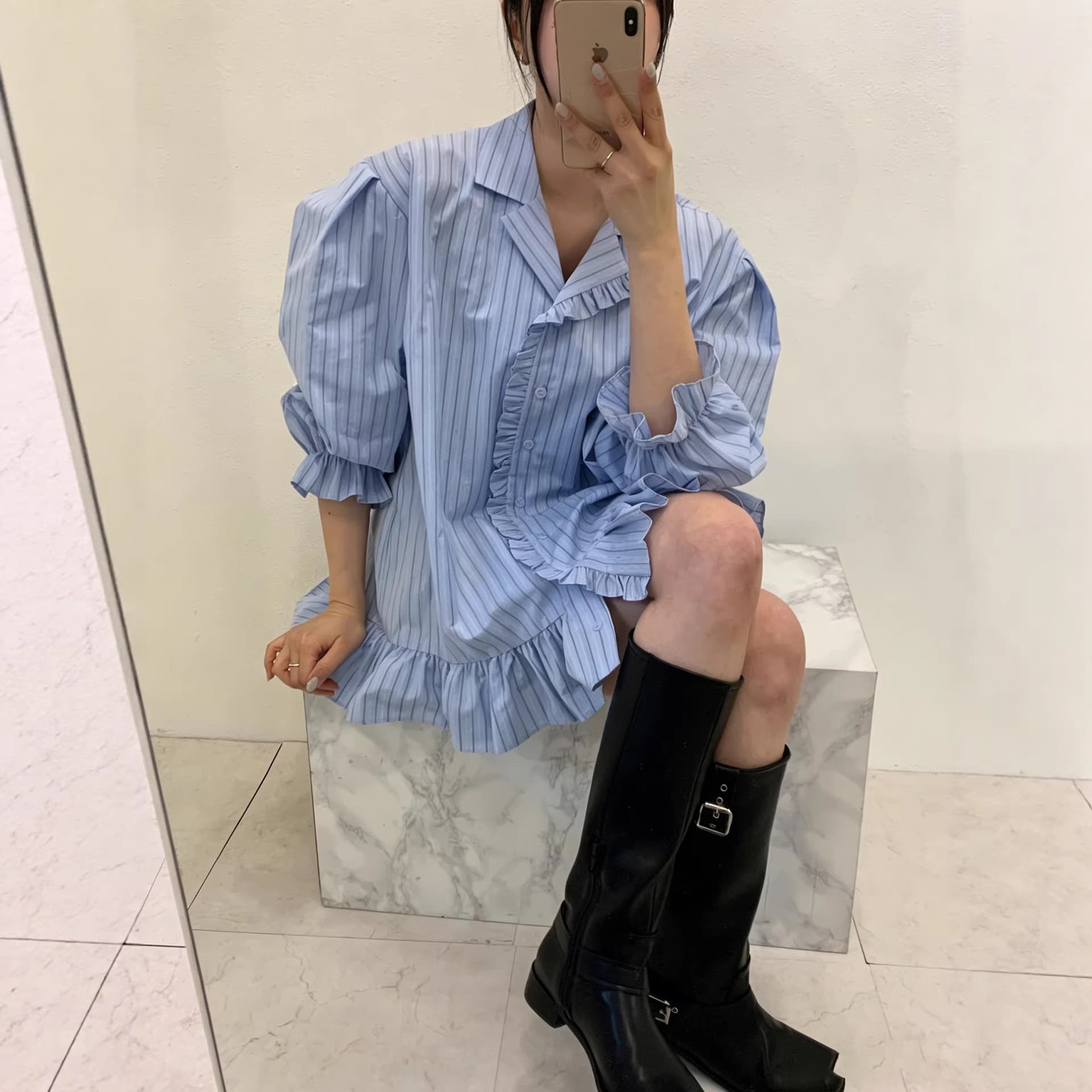 Korean Dongdaemun INS Spring Niche Design Fashion Ruffle Patchwork Striped Shirt Dress for Women Plus Size
