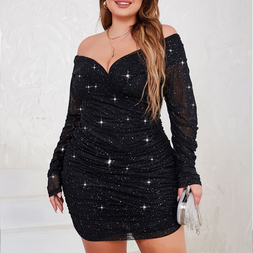2023 cross-border spring and summer new European and American plus size women's clothing network powdered slim fit off-shoulder pleated long-sleeved party dress