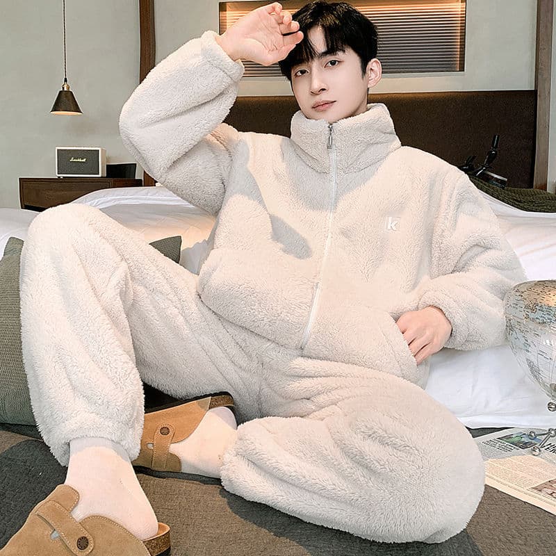 Men's Winter Pajama Set, Warm and Cozy, Simple Casual Style, Loose Flannel, Wearable as Loungewear Set