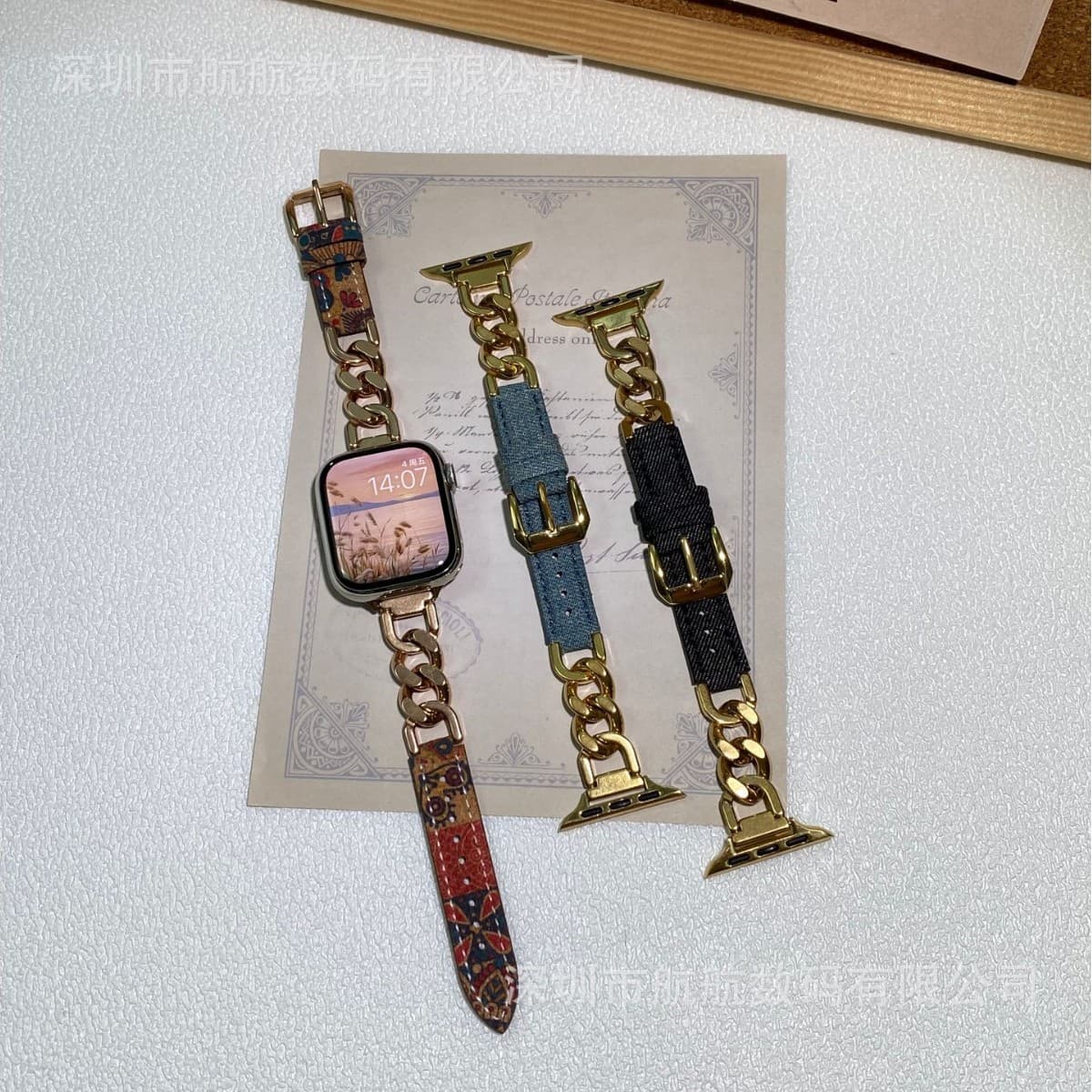 ins is suitable for Applewatch10 denim chain and leather strap Apple 8 watch 765432 summer se fine model