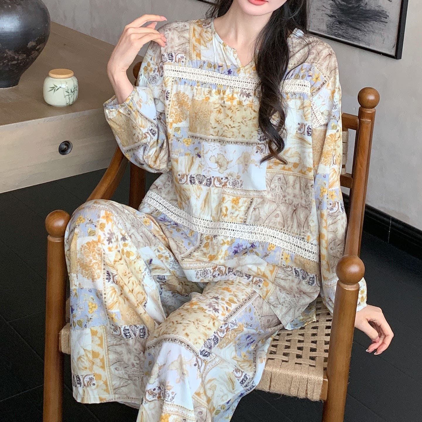 Women's Lyocell Cotton Silk Pajamas, Spring Summer Thin Long Sleeve Loose Loungewear, Ethnic Style Plus Size Set