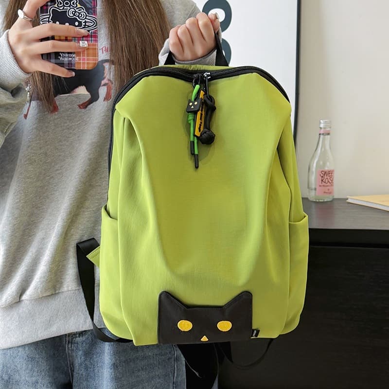 Vibrant Lime Soft Cute Black Cat Backpack for Teen Girls Sweet Cool Style Commute Versatile Casual School Bag