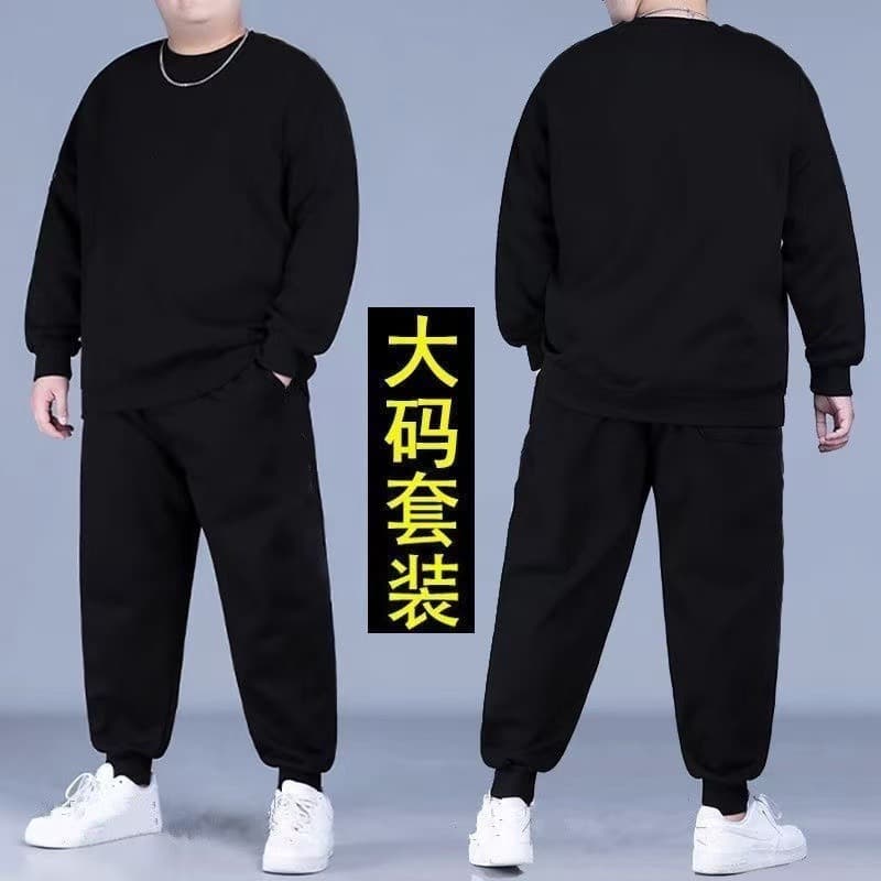 Plus Size Spring and Autumn Sports Suit, Thin Style, Loose Fit, Black Solid Color, Thickened, Big Size Men's Sweatshirt and Pants