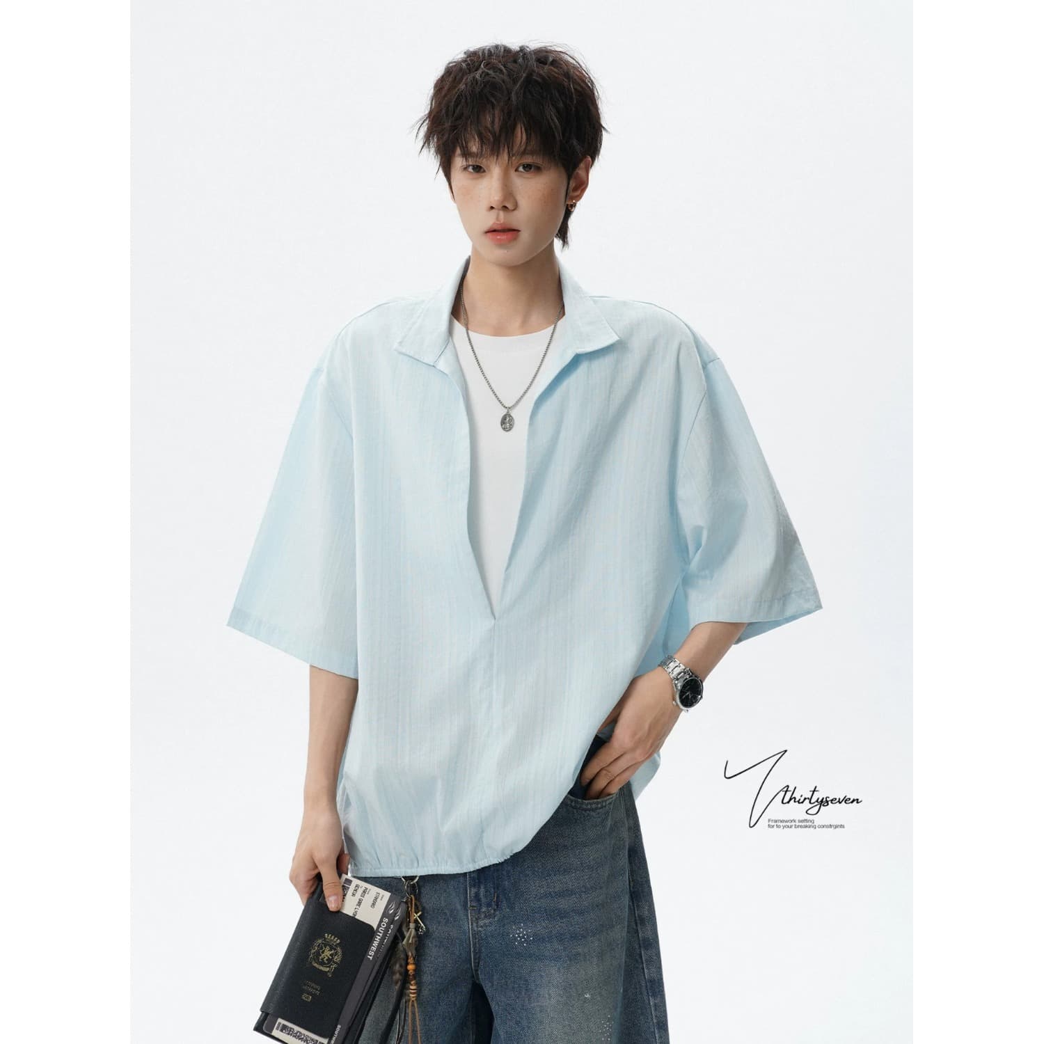 Fake two-piece summer men's ice silk short-sleeved shirts 2026 new drapey no-iron shirts light and mature style business