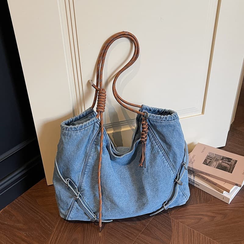 Vintage Denim Tote Bag for Women, Large Capacity Commuter Versatile Shoulder Handbag 2026 College Student School Bag