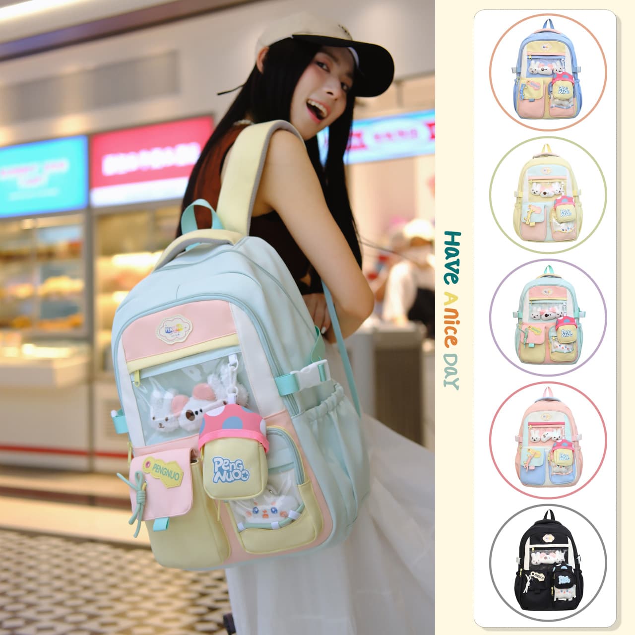 Sweet INS Style Middle School Backpack High-Value Macaron Color-Block Shoulder Bag Large Capacity Multi-Pocket Ita Bag for Women