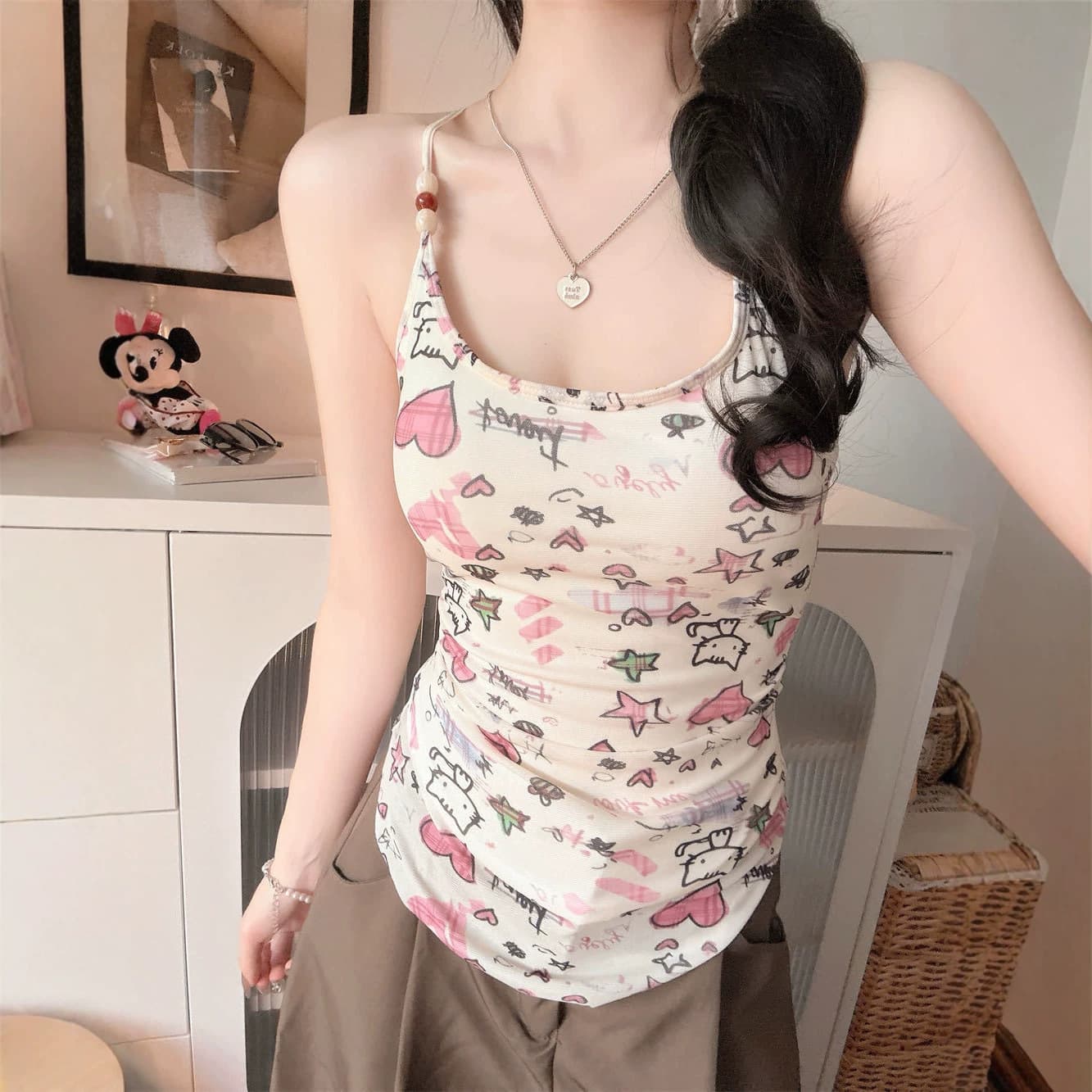 Cross-border women's clothing mesh printed graffiti beautiful back graffiti printed camisole with padded bottoming top