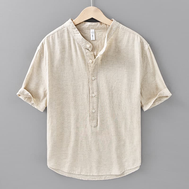 Cotton Linen Stand Collar Men's Summer Short Sleeve Shirt Pullover Linen Breathable Minimalist Casual Linen Shirt Men Thin 208