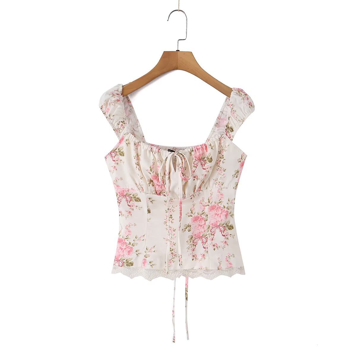 2026 New Fashionable French Floral Lace Trim Ruffle Square Neck Tie Backless Vest for Women
