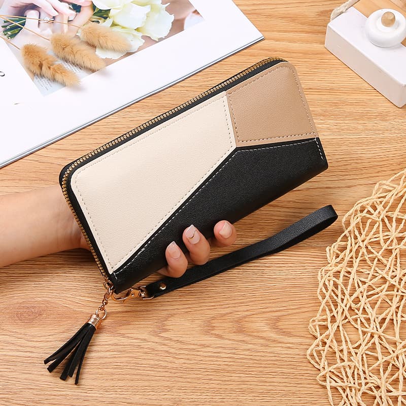Women's long clutch wallet, three-color patchwork zipper phone bag, student wallet, small square bag