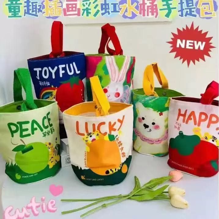 Canvas Bucket Bag Gift, Cartoon Cute Portable Festival Full Moon Celebration Return Gift Bag, Handheld Outing Organizer