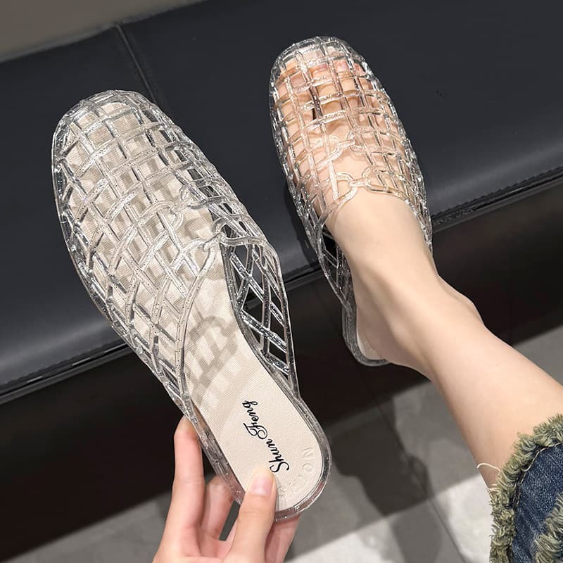 Women's Summer Breathable Slippers, Girls' Cool Sandals, Summer Shiny Flat Hollow-Out Versatile Closed-Toe Slippers for Women