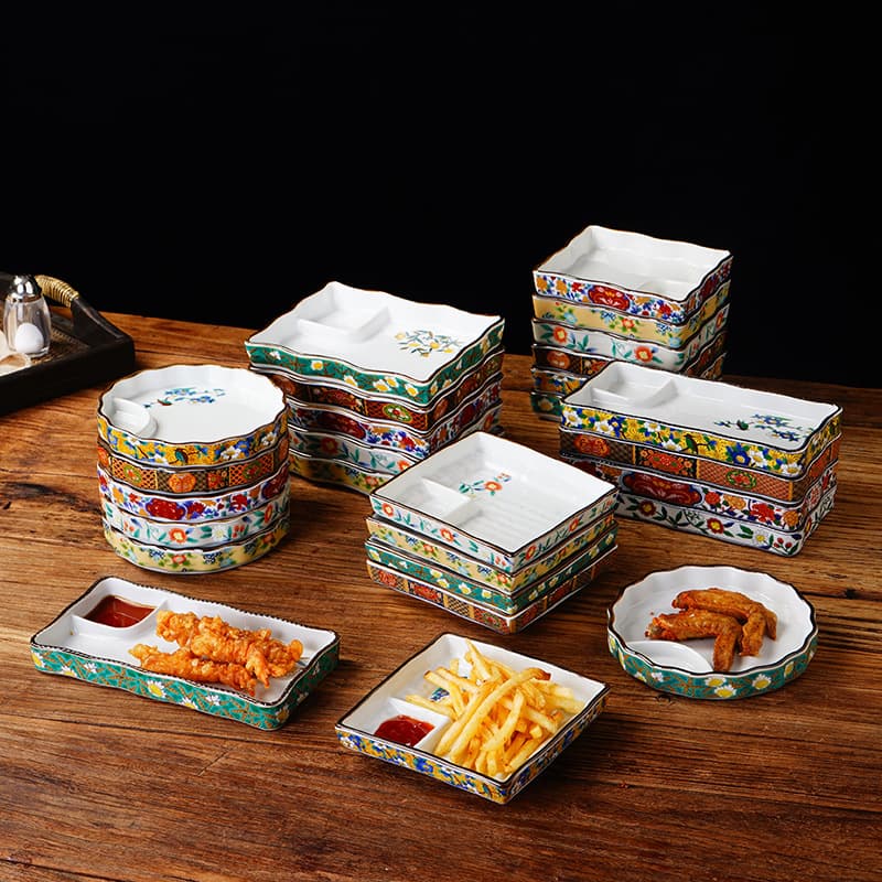 Japanese-style Dumpling Plate, Ceramic Sushi Plate with Sauce Compartment, Fried Food Plate, Home Snack Plate, Retro Japanese Cuisine Plate