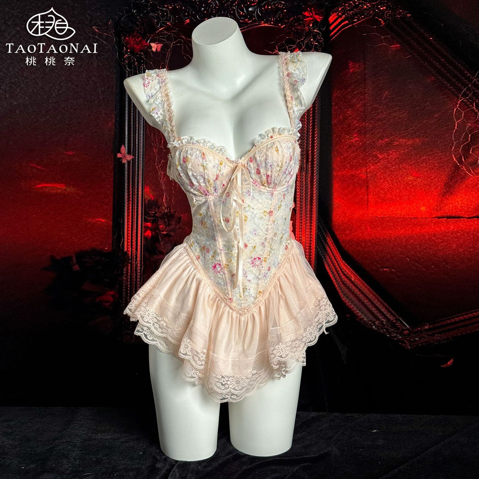Momo Nai Sweetheart Barbie floral printed mermaid bone with breast pads slim lace sexy lingerie for women 992