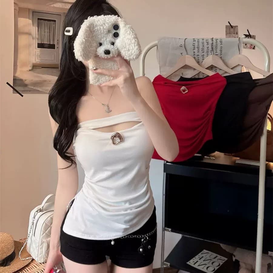 10171# Summer New Pure Desire Style Metal Accessories Bustier Hollow Design Slimming Women's Fixed Strap with Padded Cups