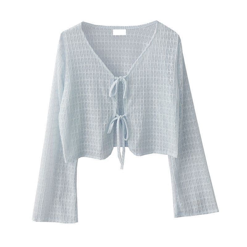 Elegant Summer Thin Lace Hollow out Belted Open Cardigan Ice Silk Short Mesh Sun Protection Long Sleeve Women's Shirt
