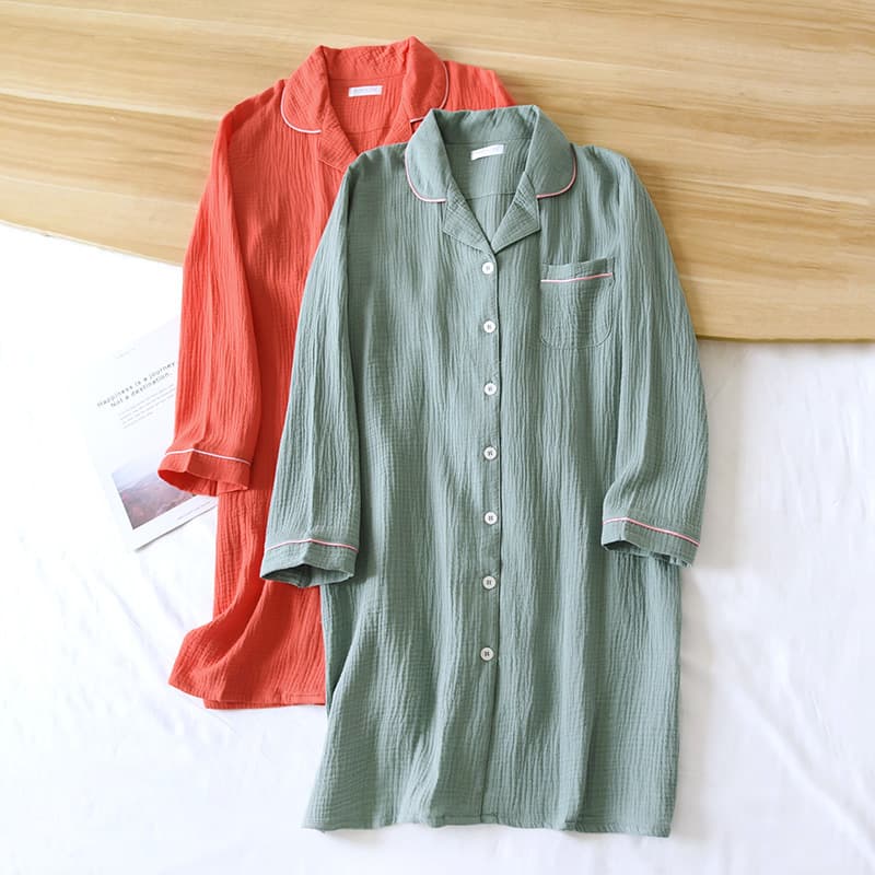 Spring/Autumn Women's Cotton Gauze Washed Texture Crepe Blazer Collar Button Long Sleeve Nightgown Home Dress Lazy Style