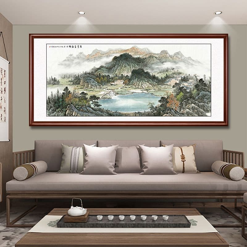 West Wall Living Room Hanging Painting, Sofa Background Wall Decoration, Traditional Chinese Painting "Long-lasting Source" Landscape, Treasure Basin Office Calligraphy and Painting