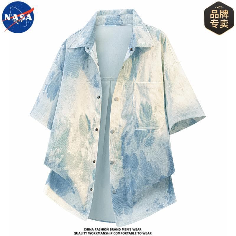NASA Brand High-Quality Tie-Dye Short Sleeve Camp Shirt for Men, Summer Casual Fashion Loose Shirt Top