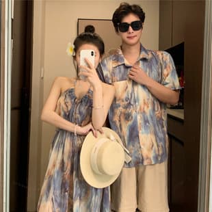 2025 Couple Outfits Summer Casual Short Sleeve Shirt Beach Resort Style Strapless Dress Long Dress