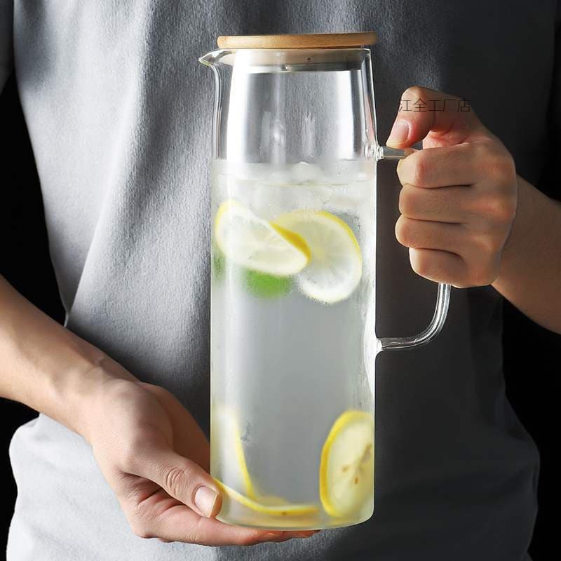 Minimalist Glass Water Pitcher with Bamboo Lid, Straight-Sided Beverage Dispenser for Home and Office