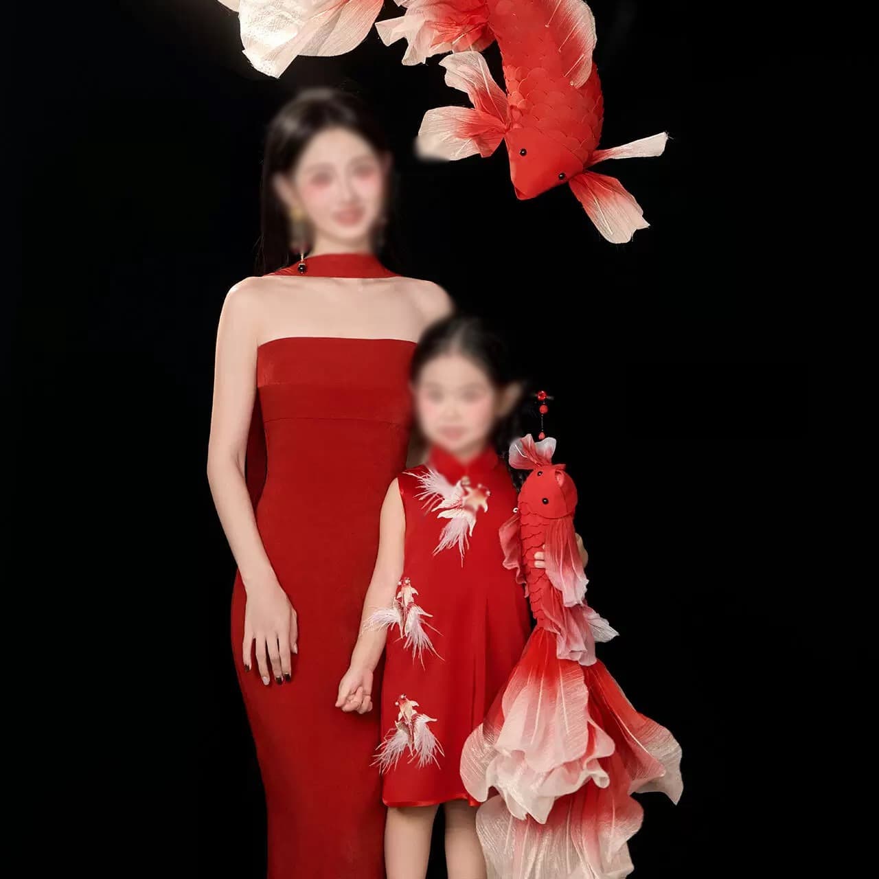 Red Koi Chinese Style Mother-Daughter Red Dress Children's Photography Costume New Year Lucky Art Portrait