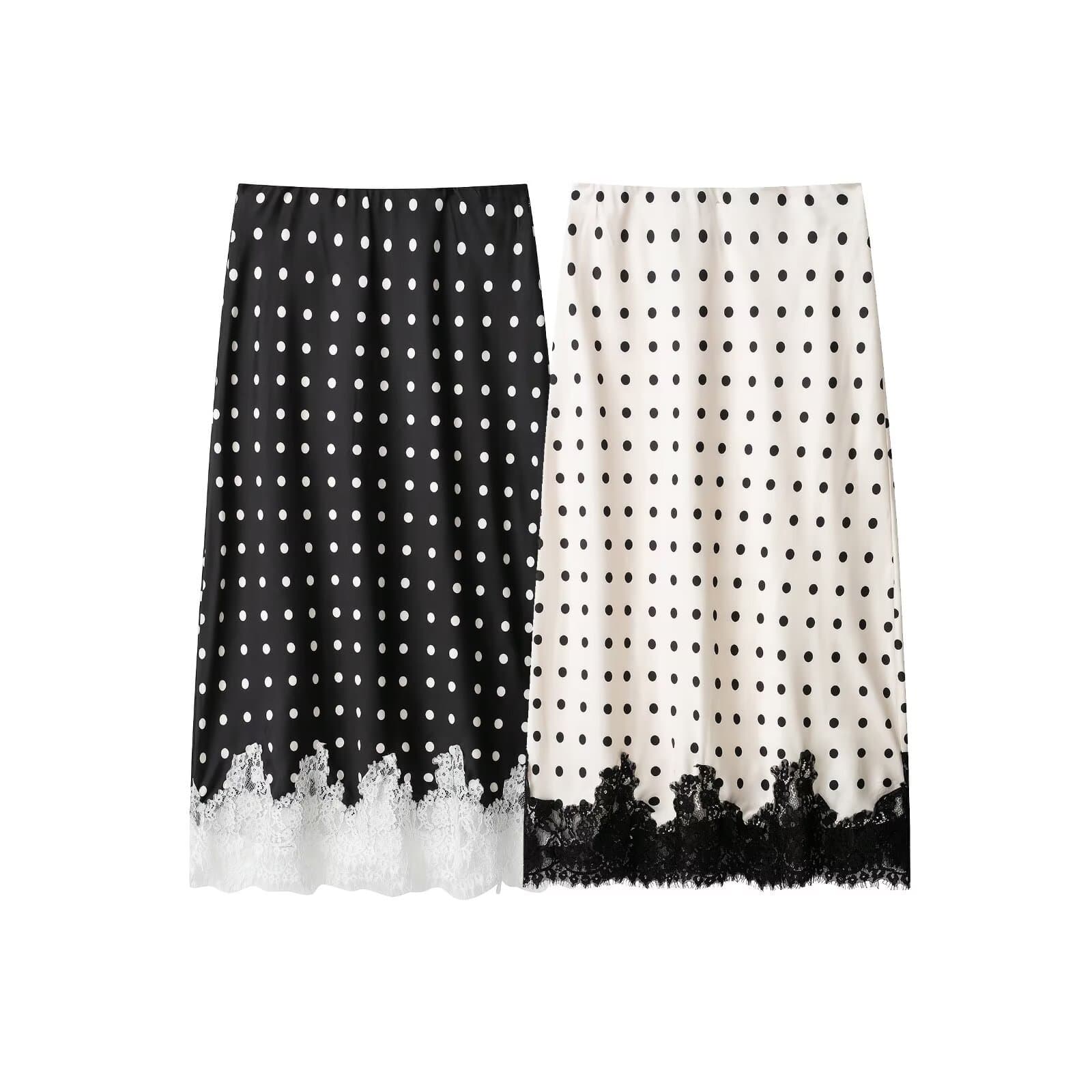 ZA foreign trade wholesale European and American style women's clothing, retro style, versatile contrast color lace splicing polka dot skirt