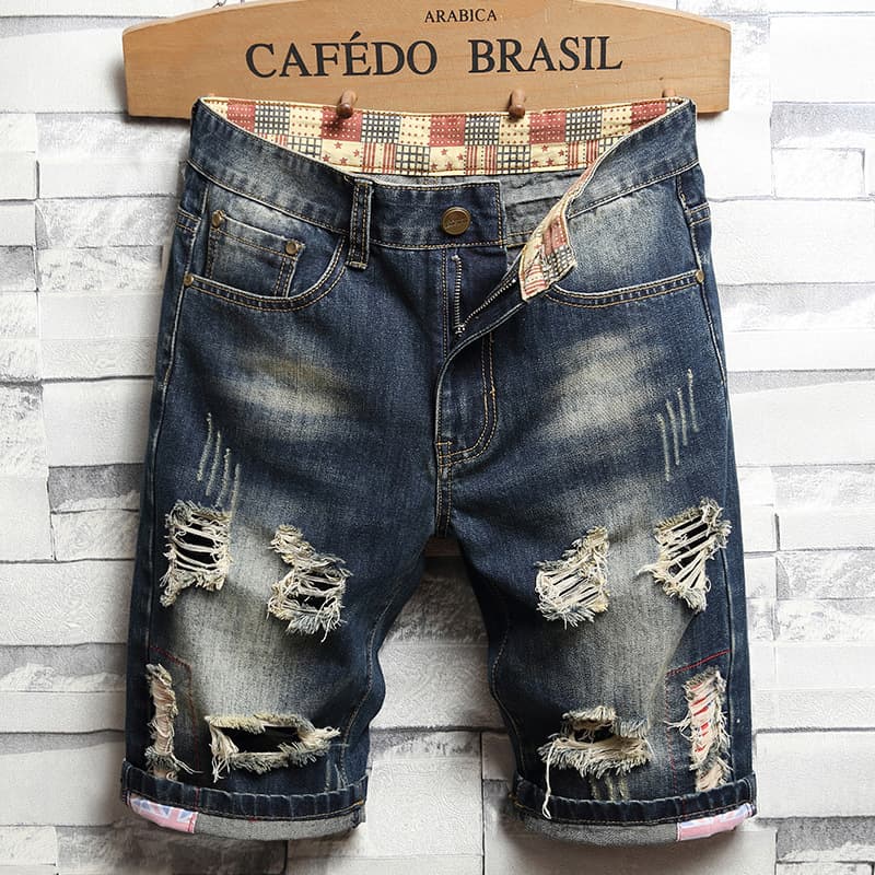 Lined Denim Jeans for Men, Distressed Five-Pocket Beggar Shorts, Seasonal Trendy Streetwear, Personality Men's Jeans