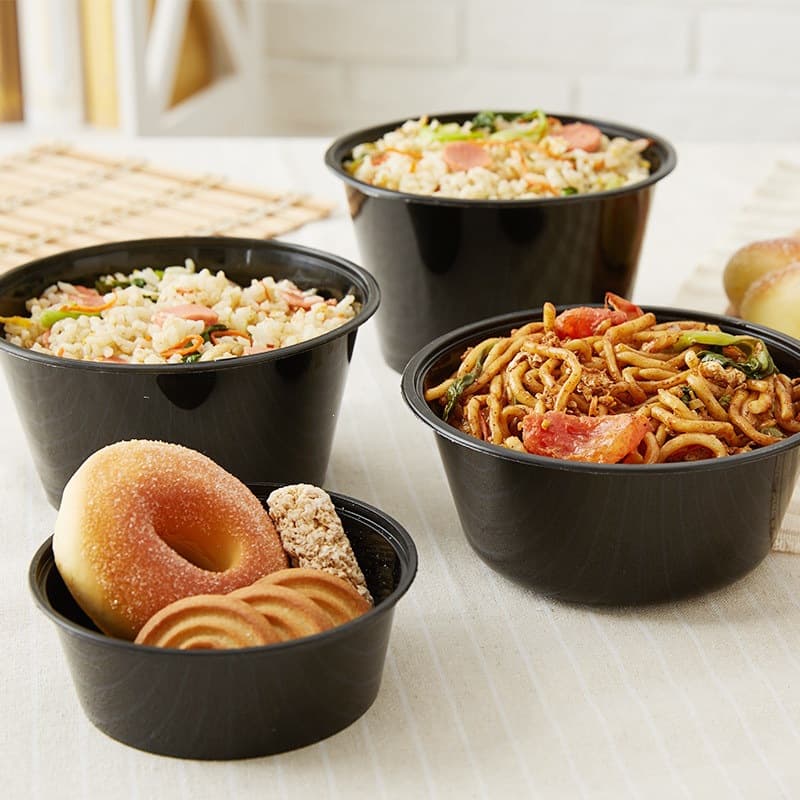 Round 1000 Disposable Plastic Food Containers, Fast Food Boxes, Soup Bowls with Lids, Black Takeout Commercial Food Containers