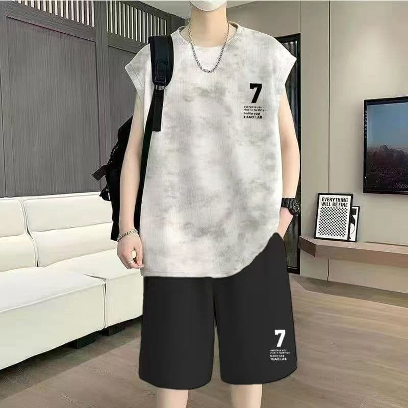 In Stock Tie-Dye Men's Set Sleeveless Vest Shorts Set Ice Silk Quick-Dry Breathable Casual Sports Set Student