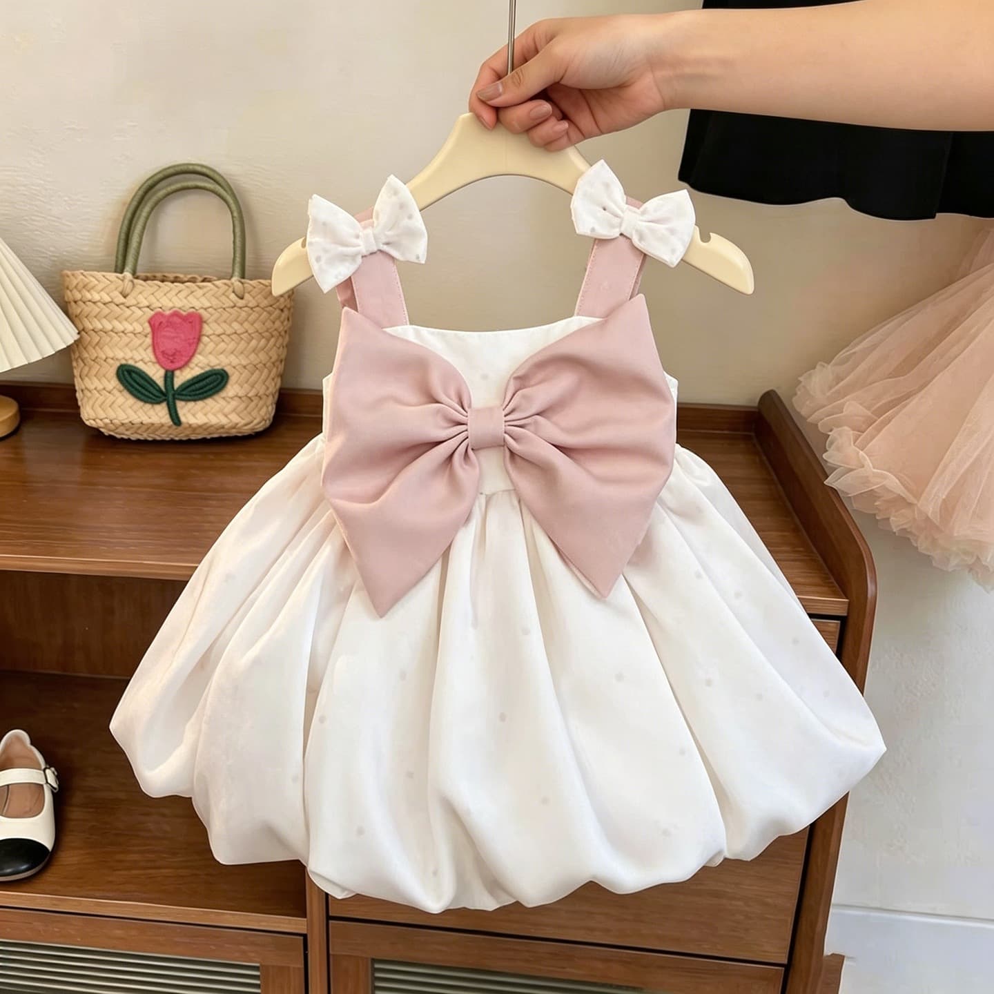Girls' bow suspender dress summer new princess style sweet pink skirt casual children's summer clothing