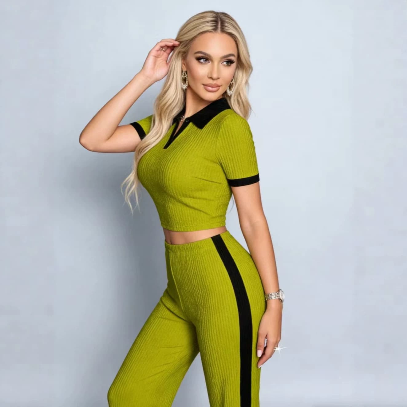 2026 Polo Collar Color-Block Two-Piece Set Ribbed Knit Short Top High-Waisted Wide-Leg Pants Set Summer Outfit