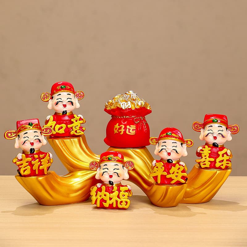 God of Wealth Fortune Deity Gift - Office Desk Ornament, Souvenir with Five Blessings Shelf Resin Figurine