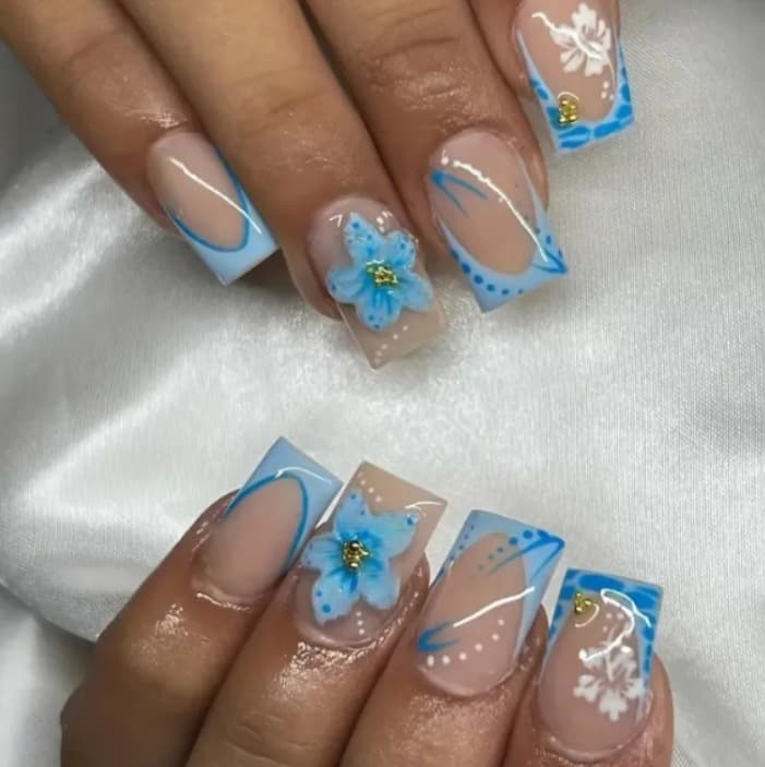 Cross-border Nail Art Cold Tone Fresh Blue Flower Steel Ball Wearable Nail Tips Square Fake Nails Wholesale