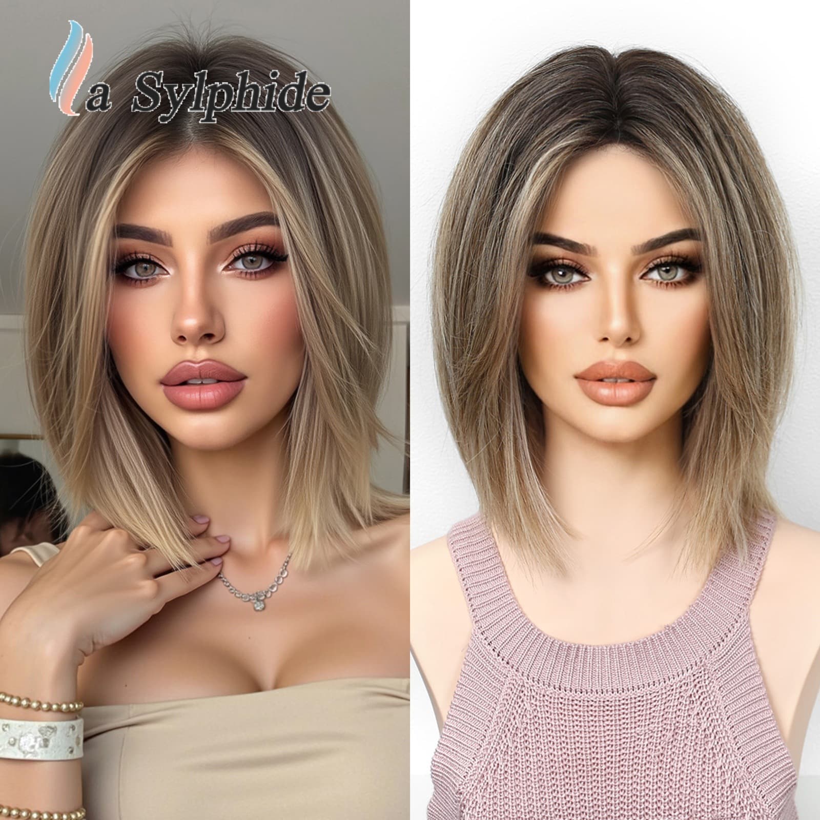 Women's Full Wig with Brown Gradient, Middle Part, European and American Fashion Shoulder-Length Short Wig, Overseas Warehouse Duoduo Dropshipping