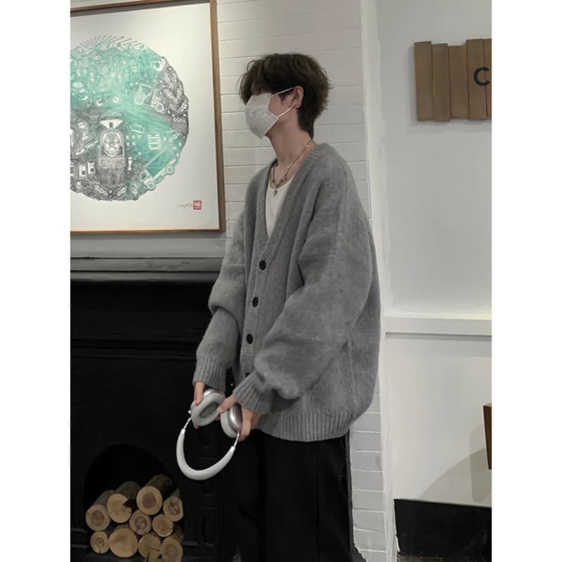 Premium V-Neck Cardigan for Men Shawl Collar Knit Sweater Oversize Relaxed Fit Loose Knit Coat