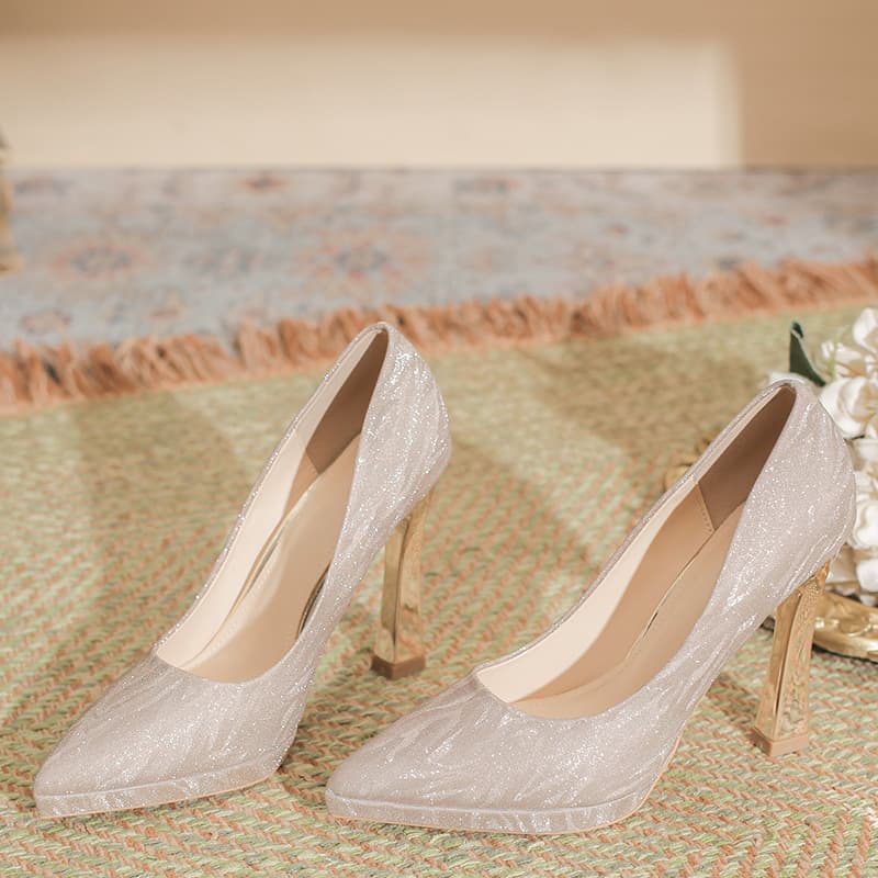 2026 New Pointed Toe Sequined Rhinestone High Heels Women's Thick Heel Waterproof Platform 10cm Temperament Catwalk Shoes for Short People