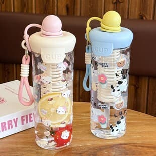 New Stylish Large-Capacity Plastic Water Bottle with Cartoon Floating Ball Straw Cup, Cute Portable Student Water Bottle for Girls