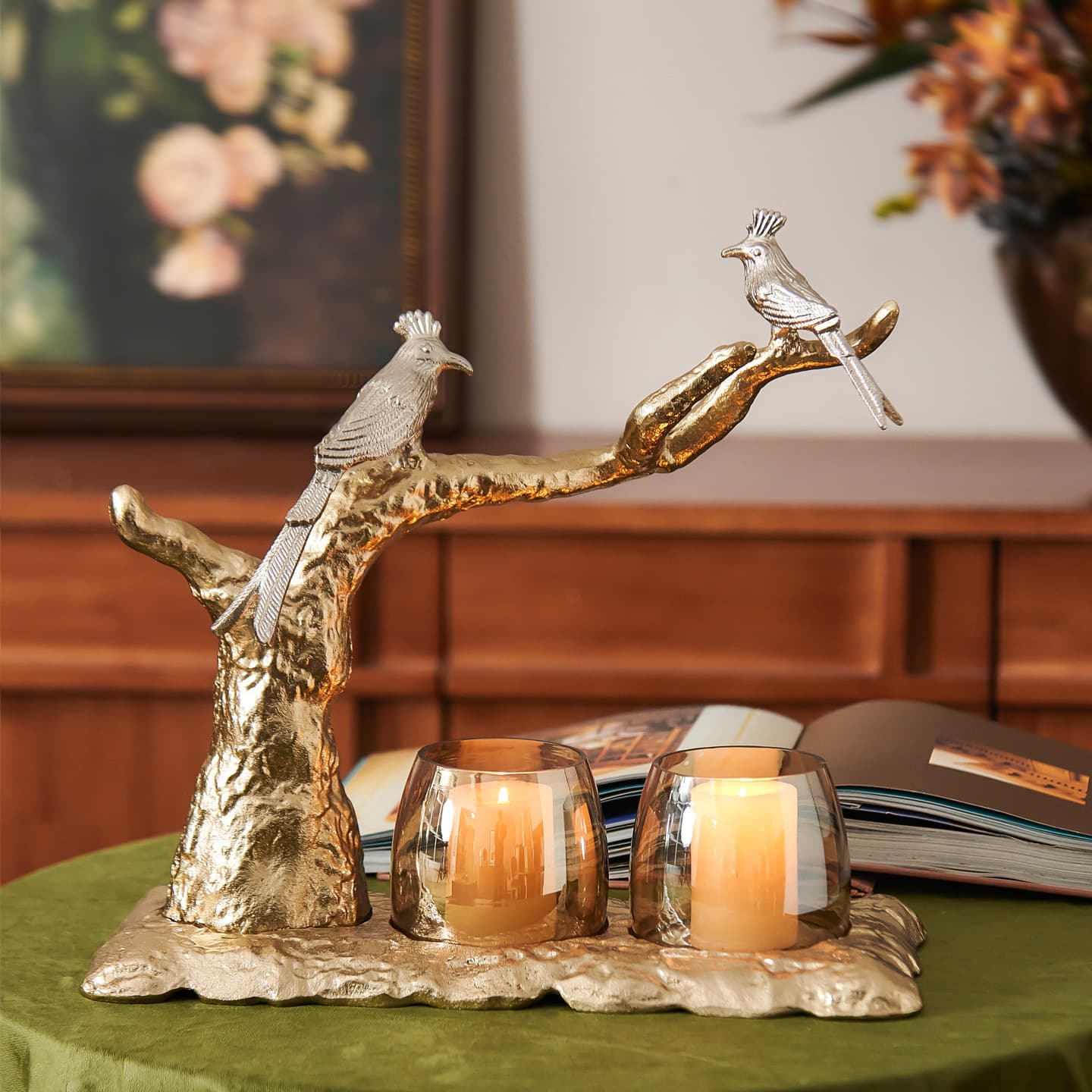 Indian Imported Aluminum European-Style Gold Branch and Bird Accent Candle Holder Ornament for Hotel, Villa, Living Room, and Entryway Decoration