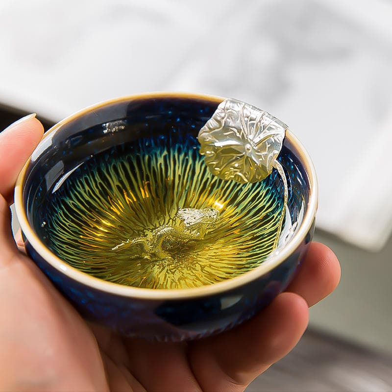 Gold Wire Tenmoku Glaze Tea Cup with Hare's Fur Pattern, Silver-Inlaid Master Cup, Kiln-Changed Single Cup, Twelve Zodiac Silver Cup