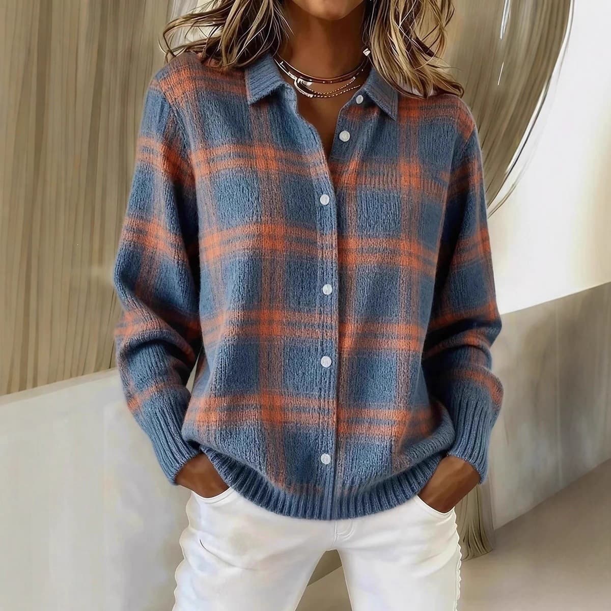 European and American cross-border Amazon independent site women's casual loose autumn and winter plaid long-sleeved lapel shirt sweater cardigan