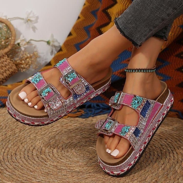 Cross-border Retro Thick Sole Double Buckle Rhinestone Cork Slippers Women's Birkenstock Style Casual Slippers Womens Slippers