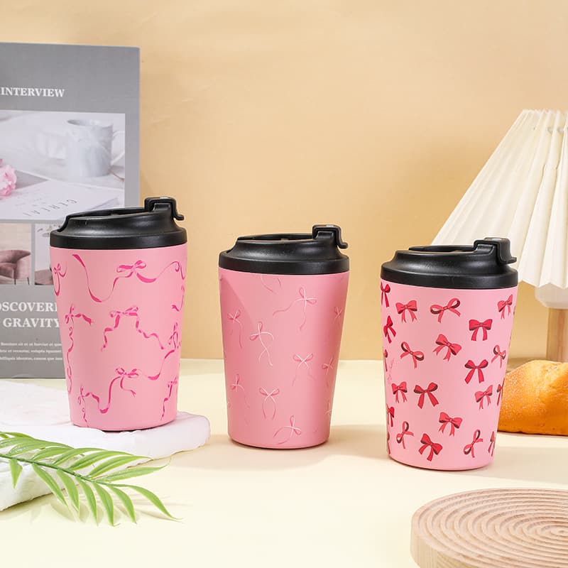 Bow Pattern Insulated Cup 304 Stainless Steel Portable Coffee Cup Car Travel Tumbler High Aesthetic Student Water Bottle