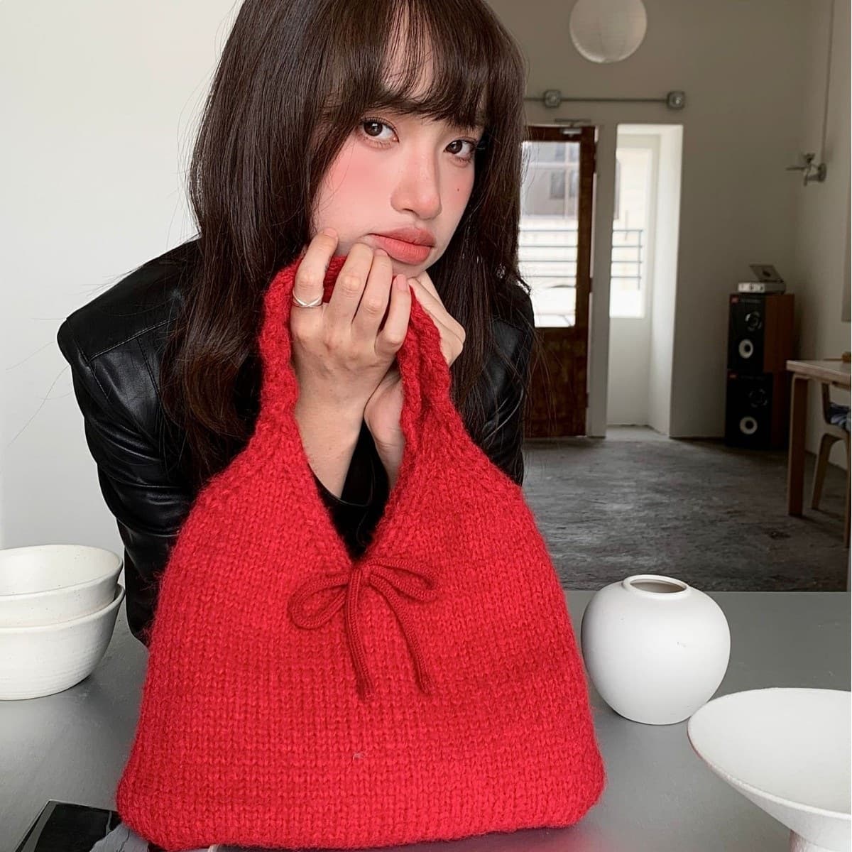 Casual bag bow handbag Japanese autumn and winter cute armpit bag large capacity simple knitted bag new style 2025