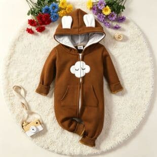 Amazon Autumn/Winter Baby Long-Sleeve Hooded Bodysuit with Cloud Embroidery, Zip-Up Romper