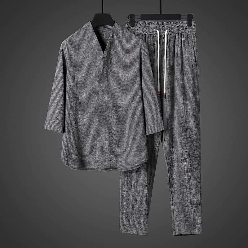 2025 Chinese Style Men's Ice Silk Retro Hanfu T-Shirt Loose Plus Size Zen Wear Thin Short Sleeve Casual Pants Set