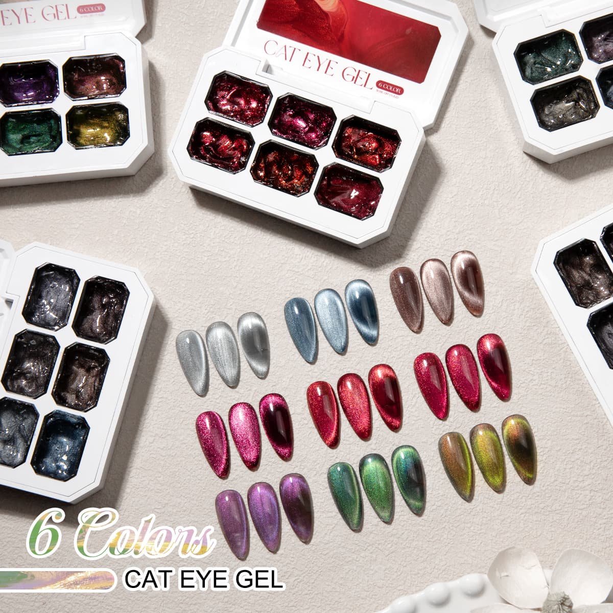New 6-Grid Cat Eye 9-Color Solid Gel with Sparkle Galaxy, Ice Crystal Cat Eye Nail Gel for Nail Salons