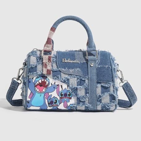 2026 New Contrast Color Niche Cartoon Stitch Denim Ripped Patchwork Crossbody Handbag Pillow Casual Versatile Bag