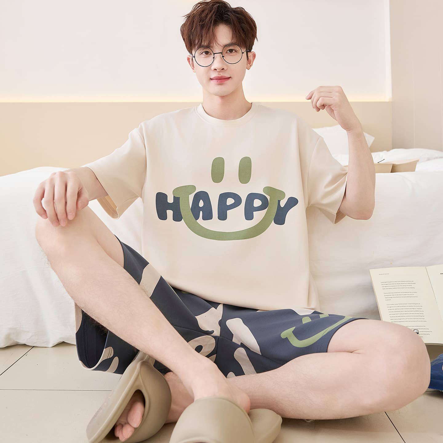 2026 New Summer Cotton Short-Sleeve Pajama Set for Men, Teens, and Older Kids (Ages 16+)